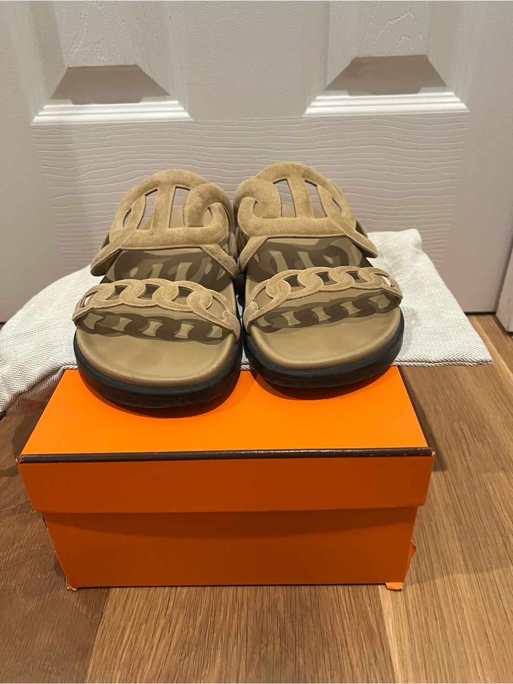 Hermes Extra Beige Suede Double-Strap Slide Sandals